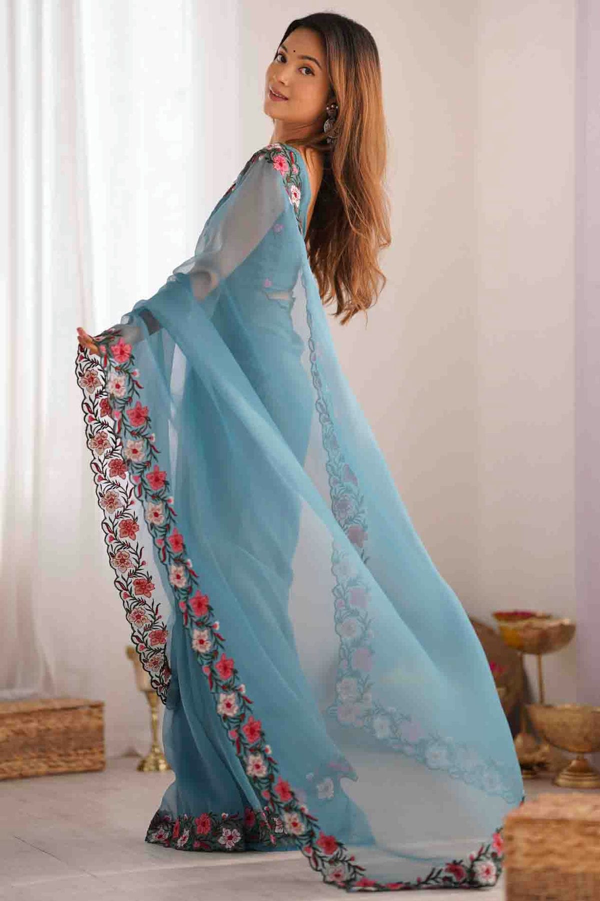 Sky Blue Colour Gold Crush Designer Saree