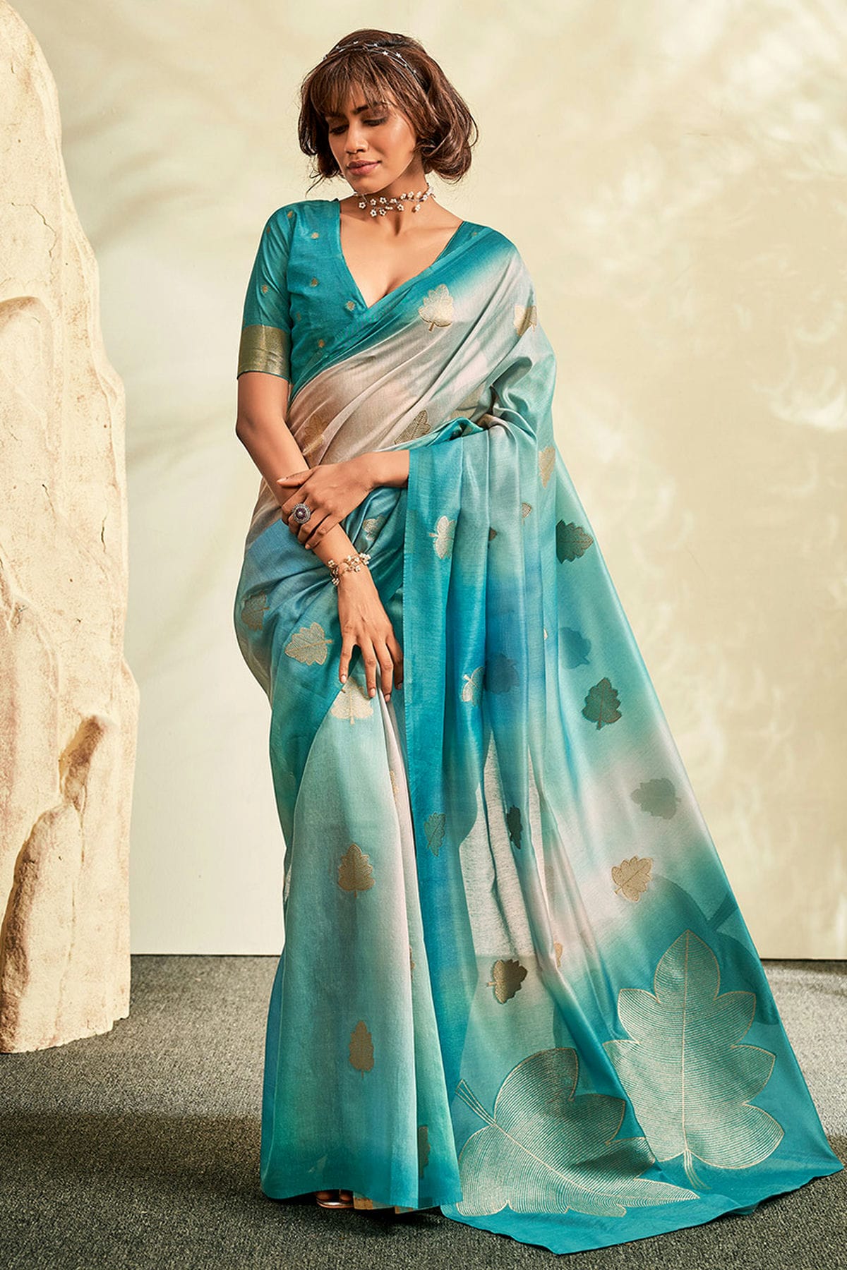 Sky Blue Colour Handloom Khadi Saree