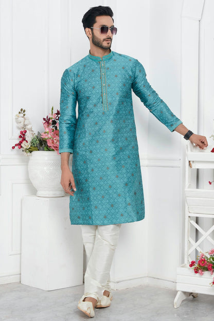 Sky Blue Colour Jacquard Silk Brocade Kurta Pajama VSKP1230225