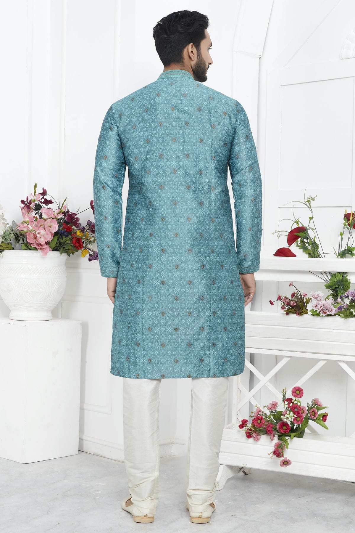 Sky Blue Colour Jacquard Silk Brocade Kurta Pajama VSKP1230225