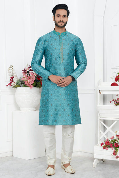 Sky Blue Colour Jacquard Silk Brocade Kurta Pajama