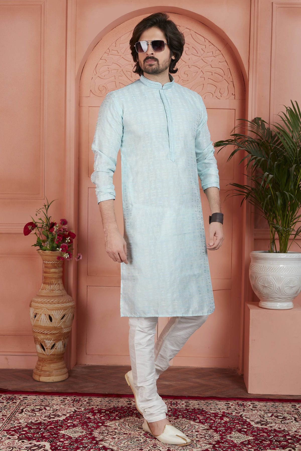 Sky Blue Colour Jacquard Silk Brocade Kurta Pajama VSKP1230227