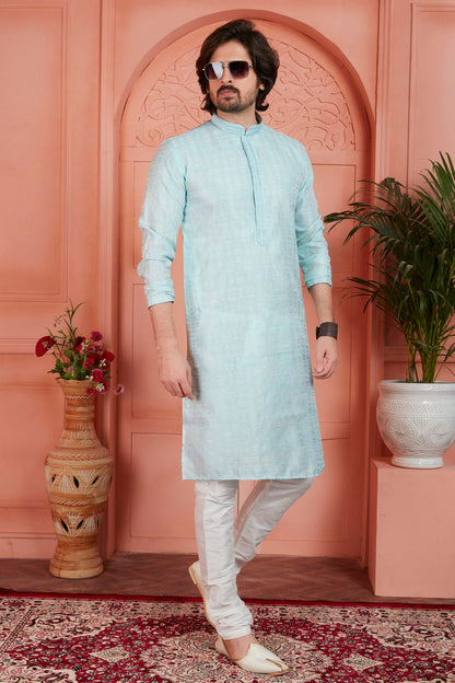 Sky Blue Colour Jacquard Silk Brocade Kurta Pajama VSKP1230227