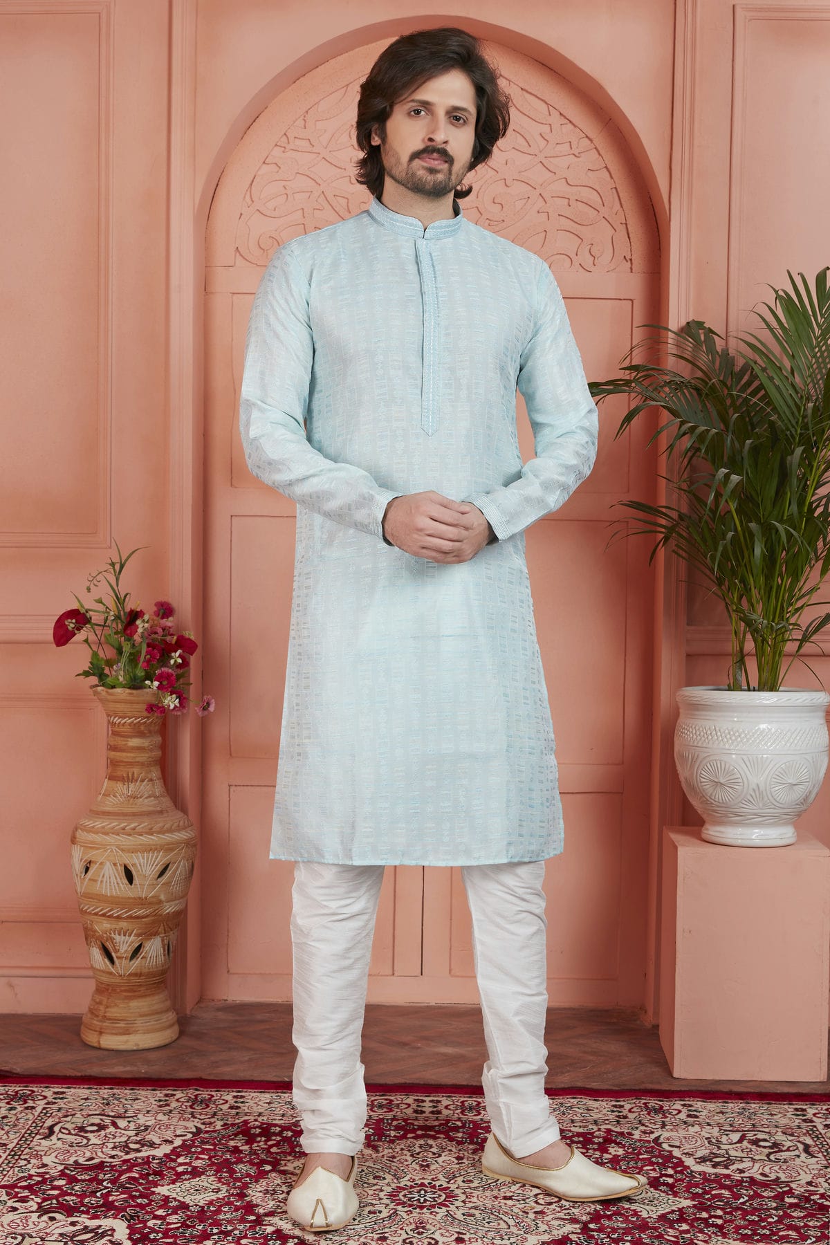 Sky Blue Colour Jacquard Silk Brocade Kurta Pajama