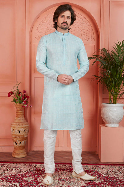 Sky Blue Colour Jacquard Silk Brocade Kurta Pajama