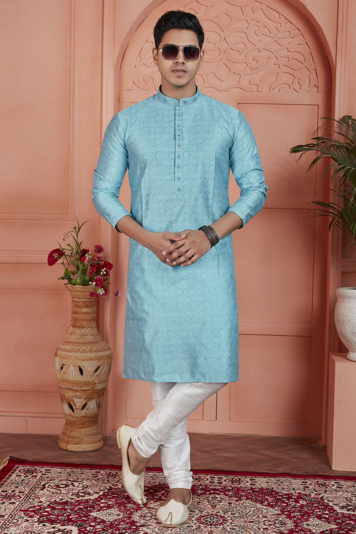 Sky Blue Colour Jacquard Silk Brocade Kurta Pajama VSKP1230230