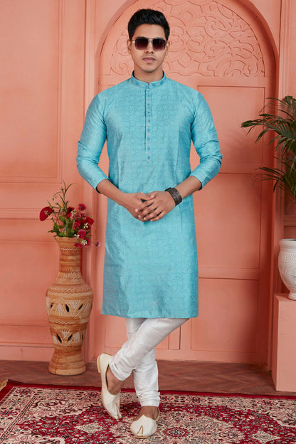 Sky Blue Colour Jacquard Silk Brocade Kurta Pajama VSKP1230230