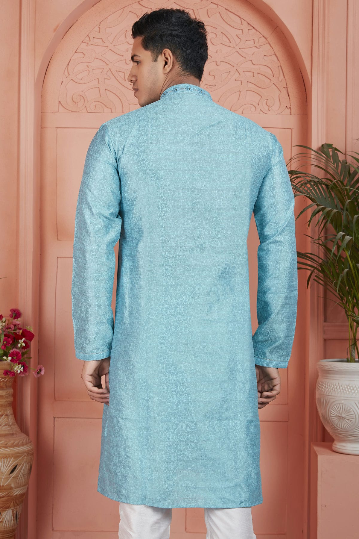 Sky Blue Colour Jacquard Silk Brocade Kurta Pajama VSKP1230230