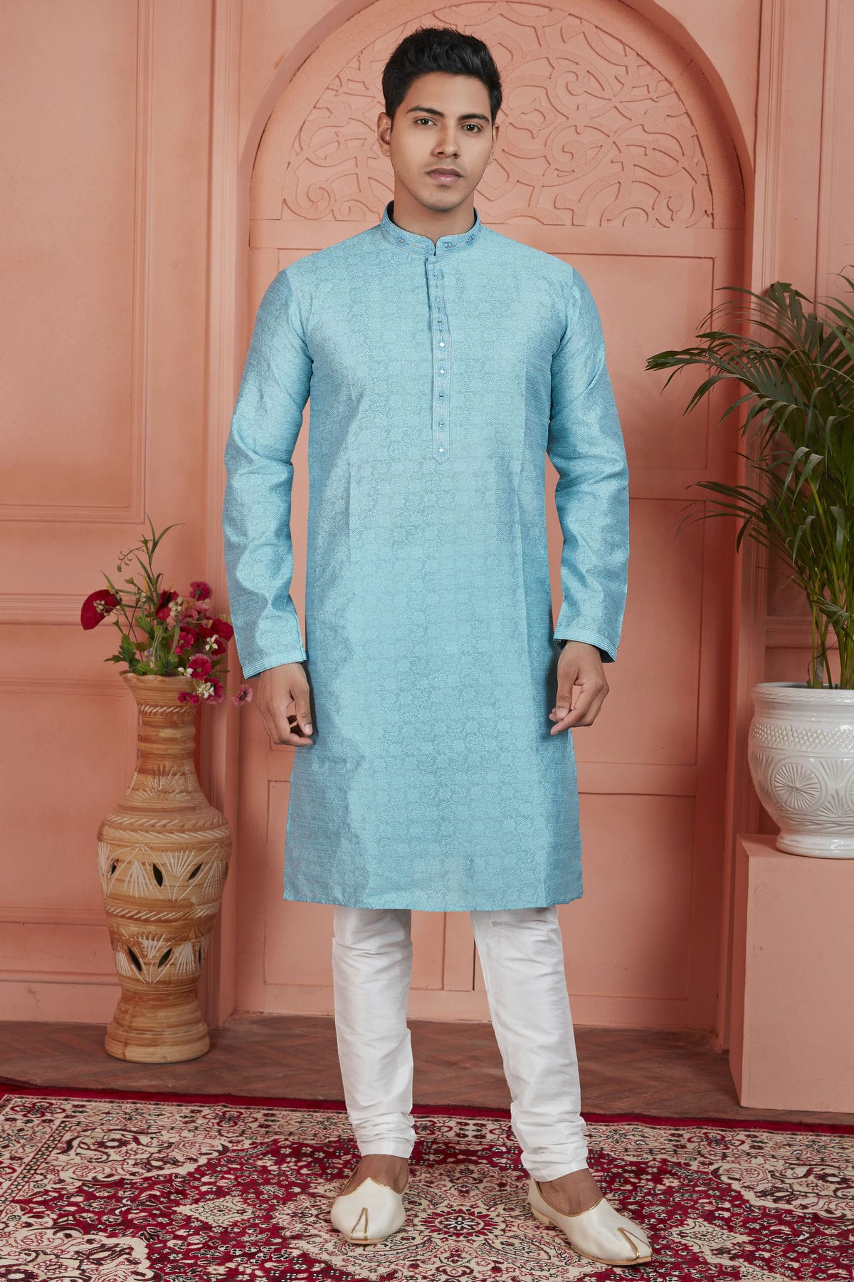 Sky Blue Colour Jacquard Silk Brocade Kurta Pajama