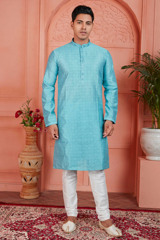 Sky Blue Colour Jacquard Silk Brocade Kurta Pajama