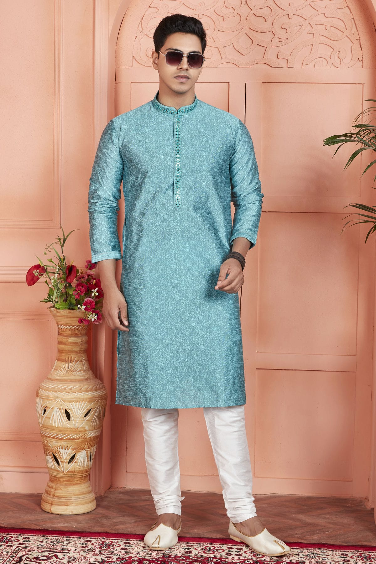 Sky Blue Colour Jacquard Silk Brocade Kurta Pajama VSKP1230232