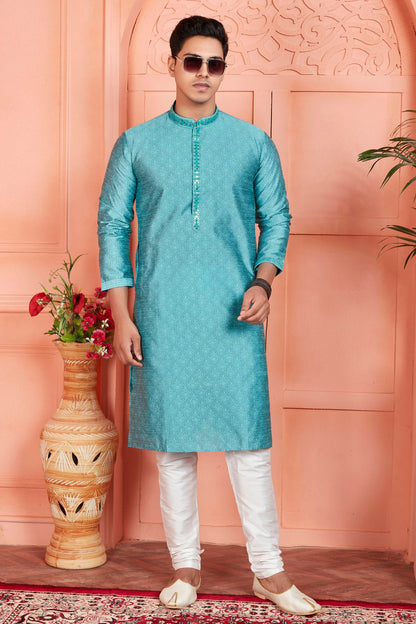 Sky Blue Colour Jacquard Silk Brocade Kurta Pajama VSKP1230232