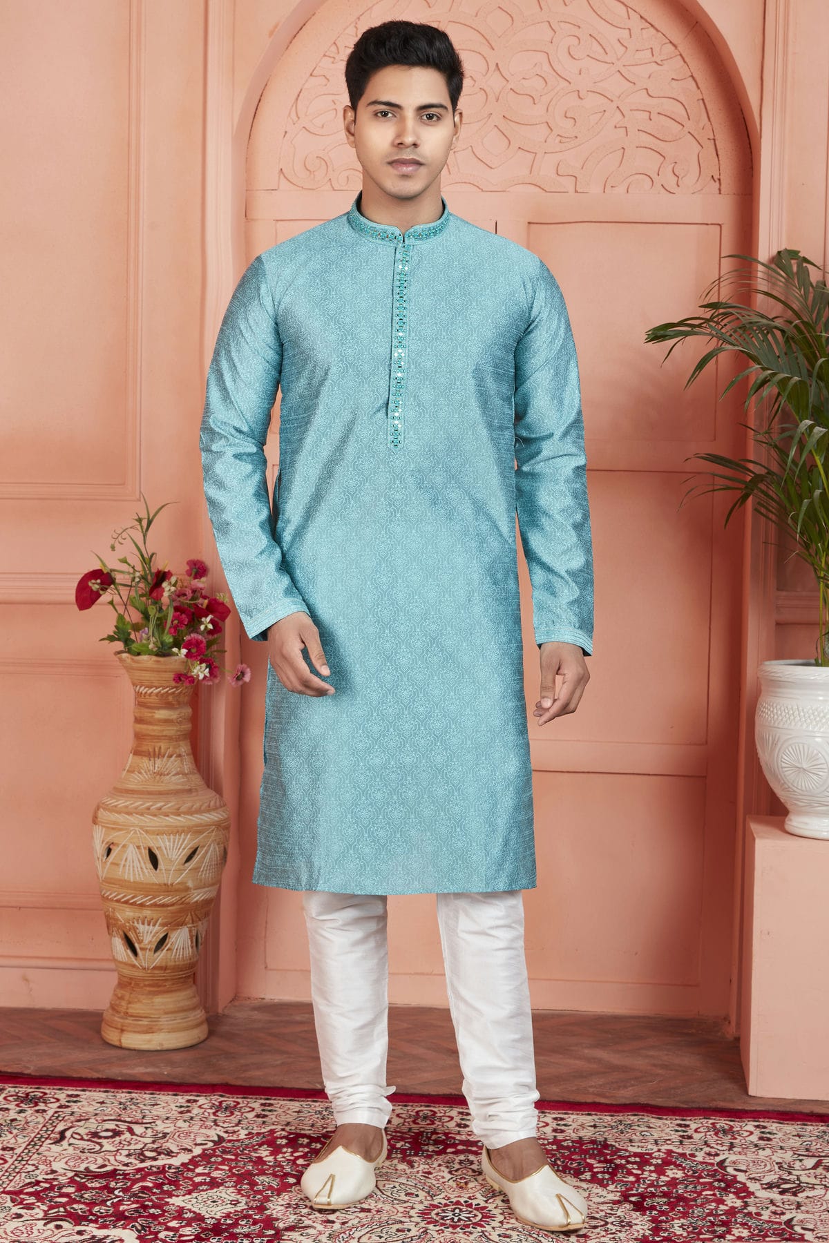 Sky Blue Colour Jacquard Silk Brocade Kurta Pajama