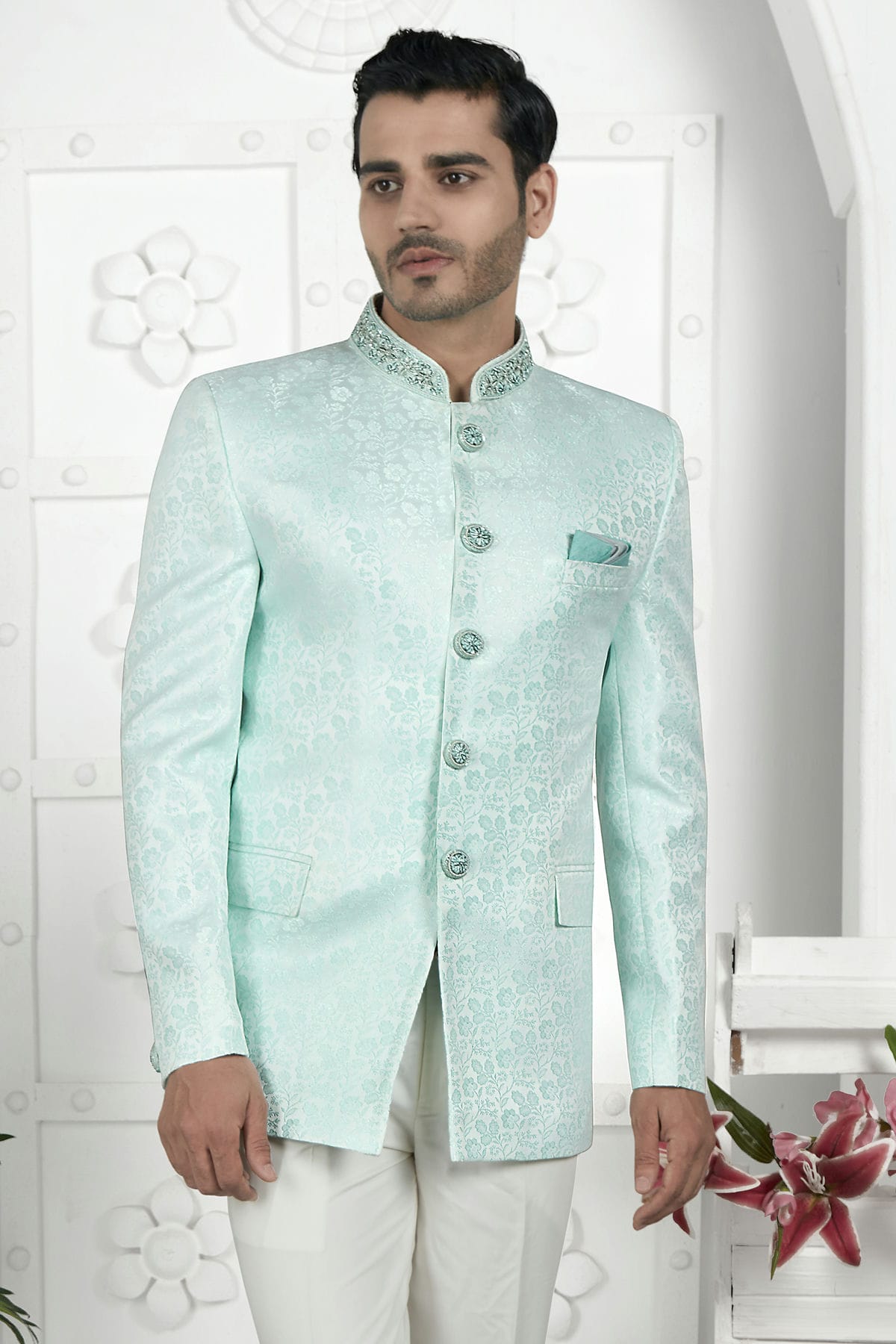 Sky Blue Colour Jacquard Silk Jodhpuri Jacket VSJP1230105