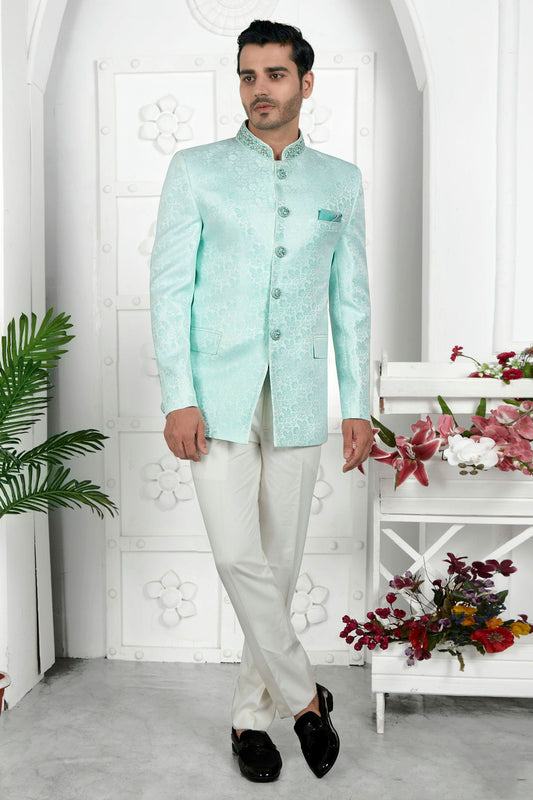 Sky Blue Colour Jacquard Silk Jodhpuri Jacket