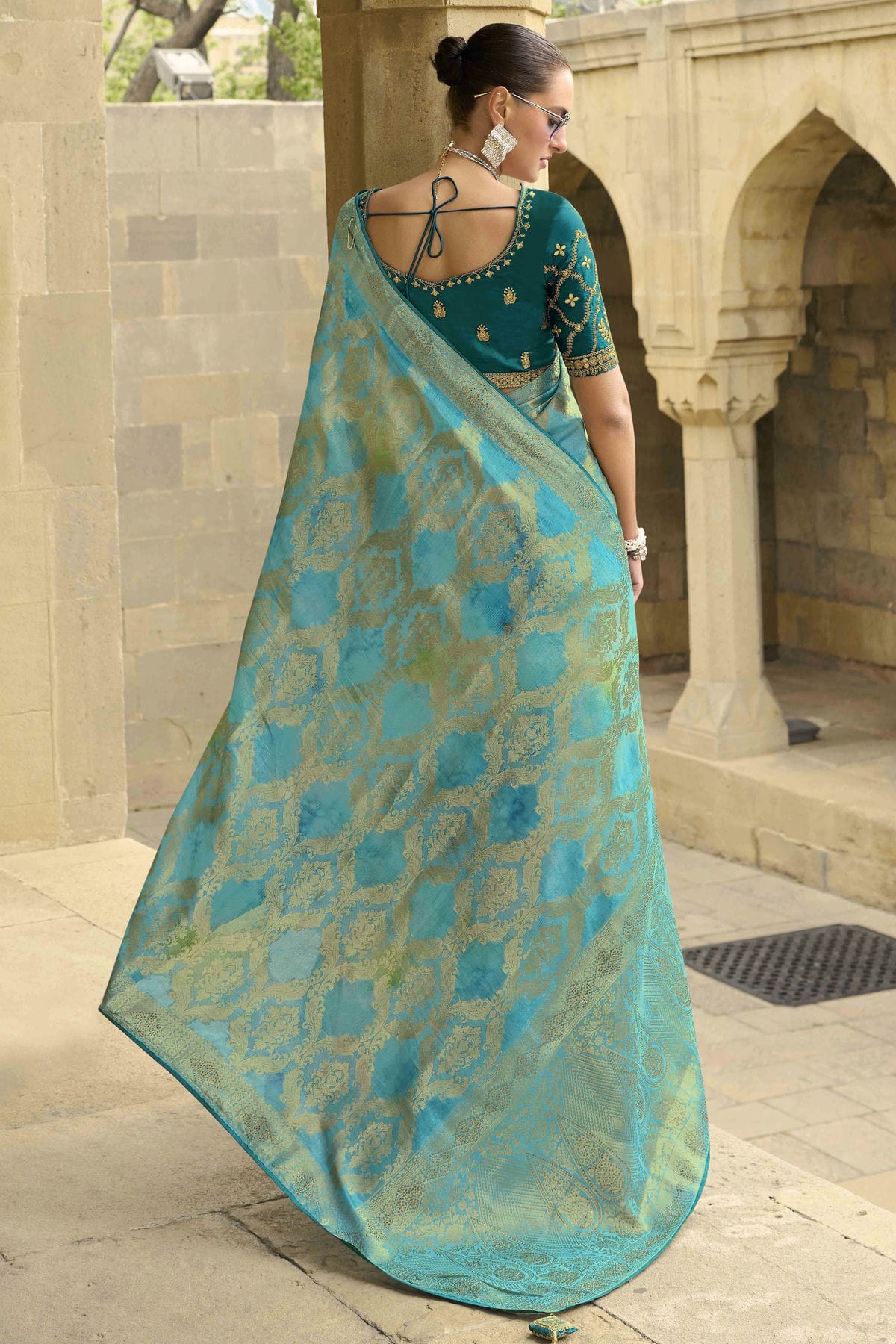 Sky Blue Colour Jacquard Silk Traditional Saree