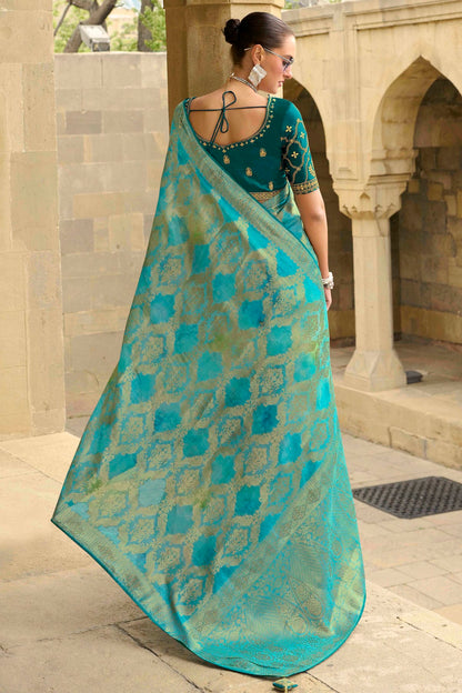 Sky Blue Colour Jacquard Silk Traditional Saree