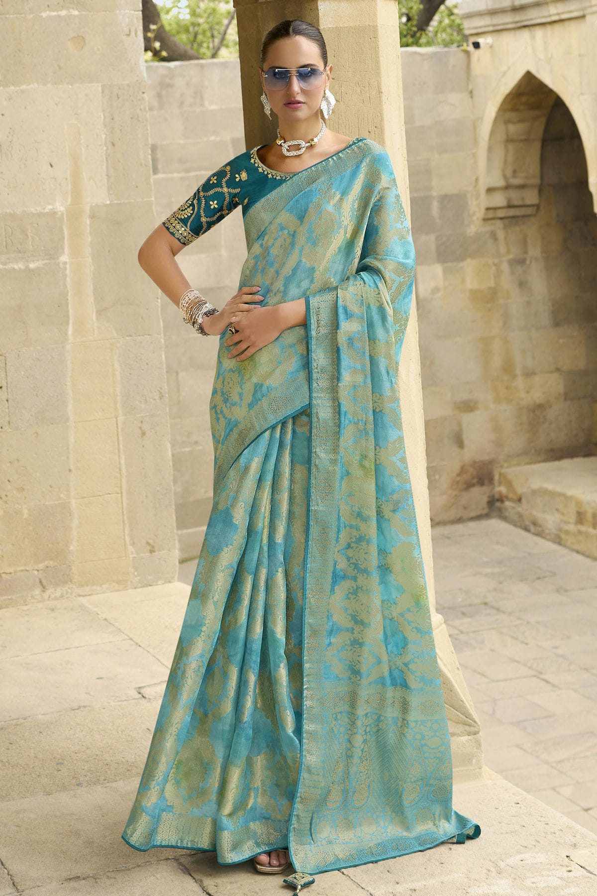 Sky Blue Colour Jacquard Silk Traditional Saree