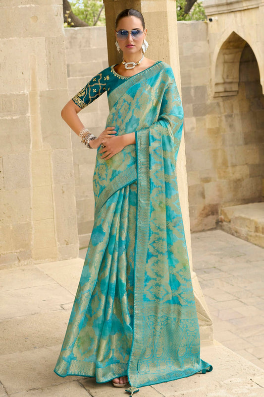 Sky Blue Colour Jacquard Silk Traditional Saree