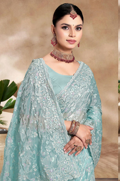 Sky Blue Colour Jimmy Choo Silk Designer Saree