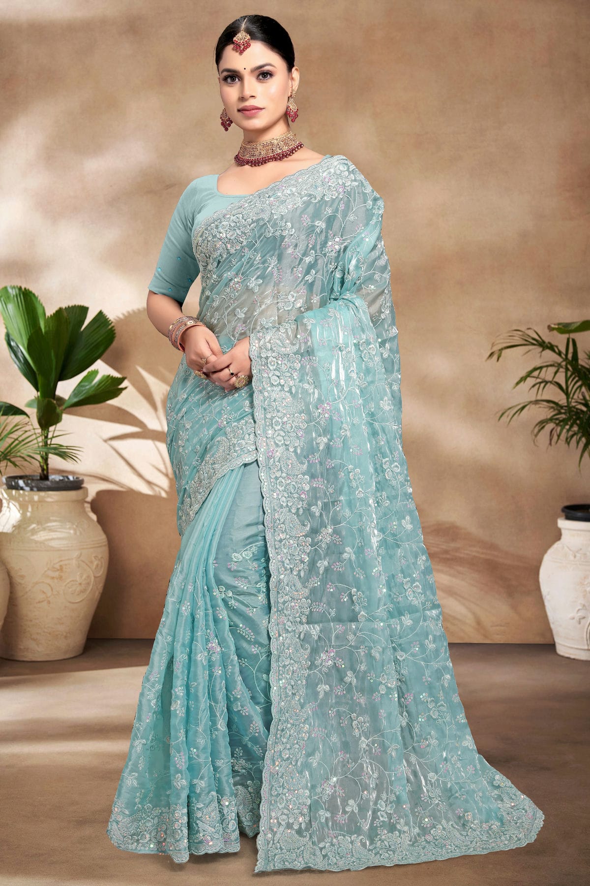 Sky Blue Colour Jimmy Choo Silk Designer Saree