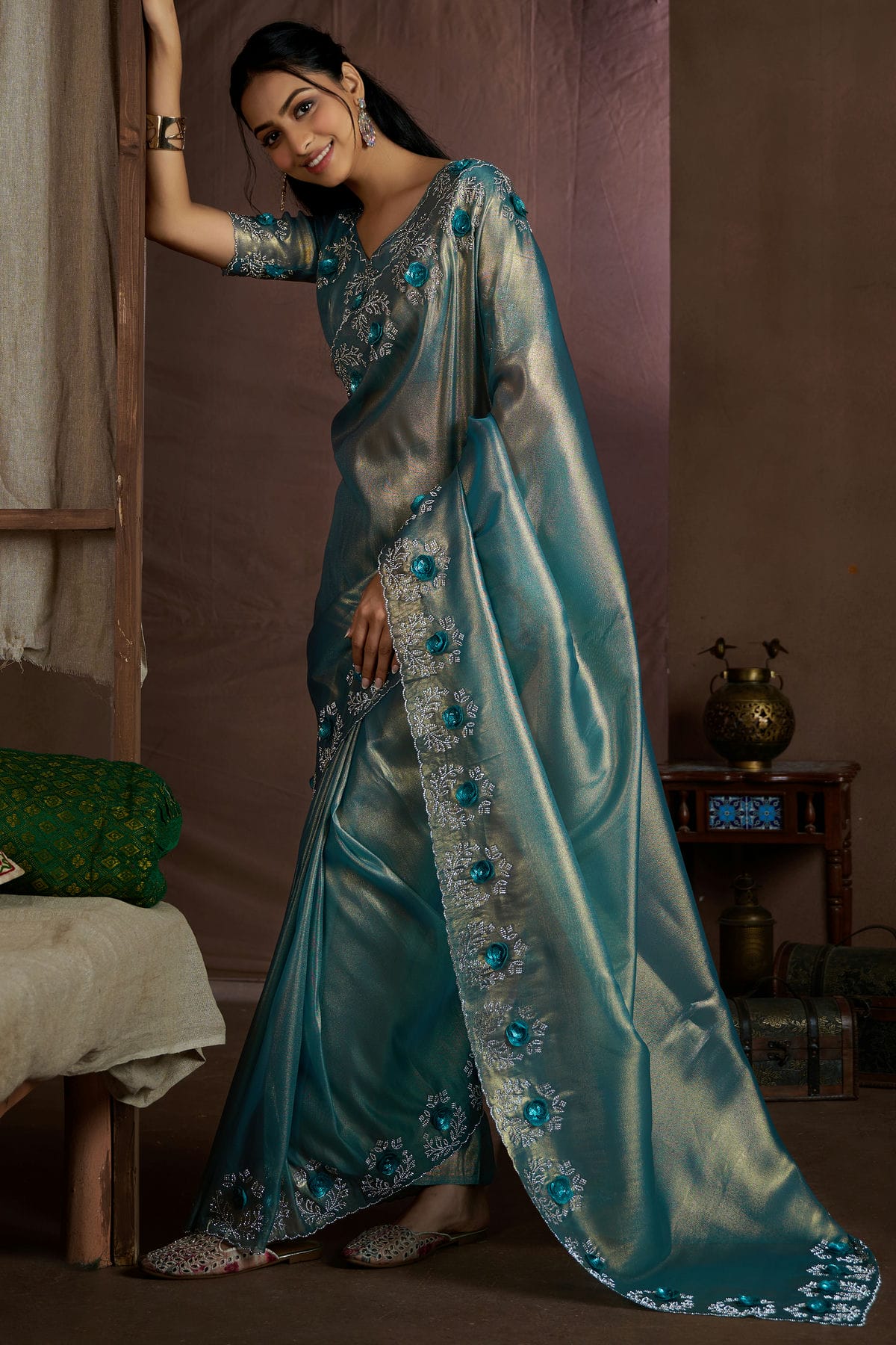 Sky Blue Colour Jute Coting Silk Designer Saree