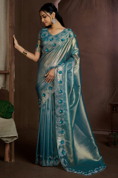 Sky Blue Colour Jute Coting Silk Designer Saree