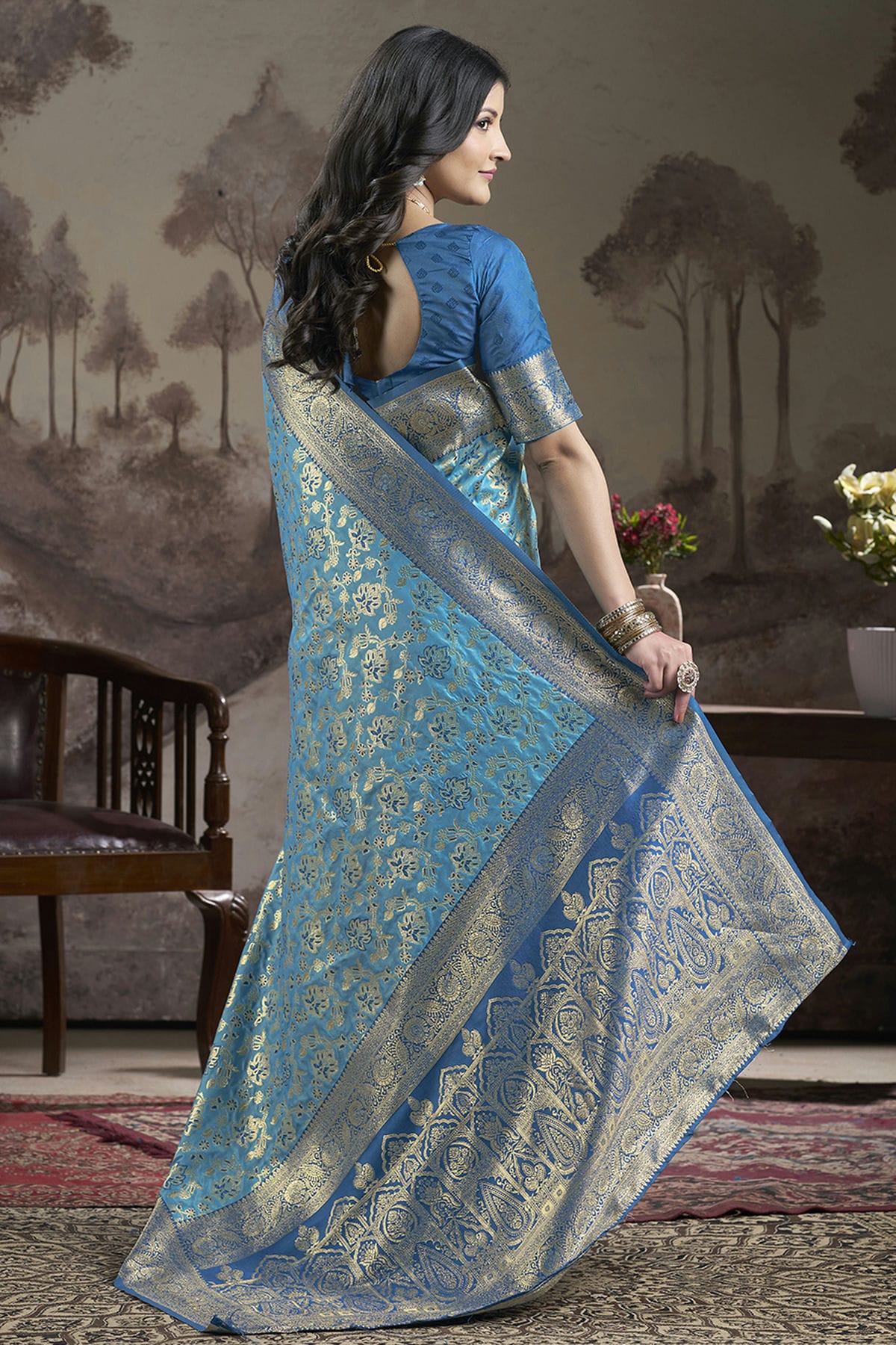 Sky Blue Colour Lichi Silk Traditional Saree