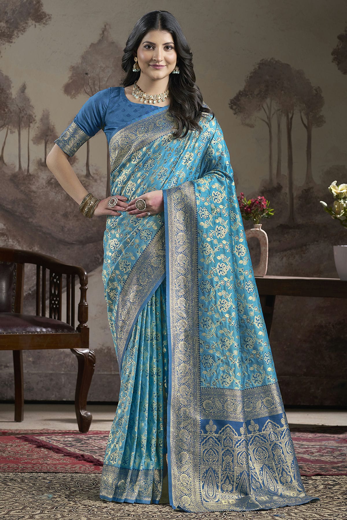 Sky Blue Colour Lichi Silk Traditional Saree