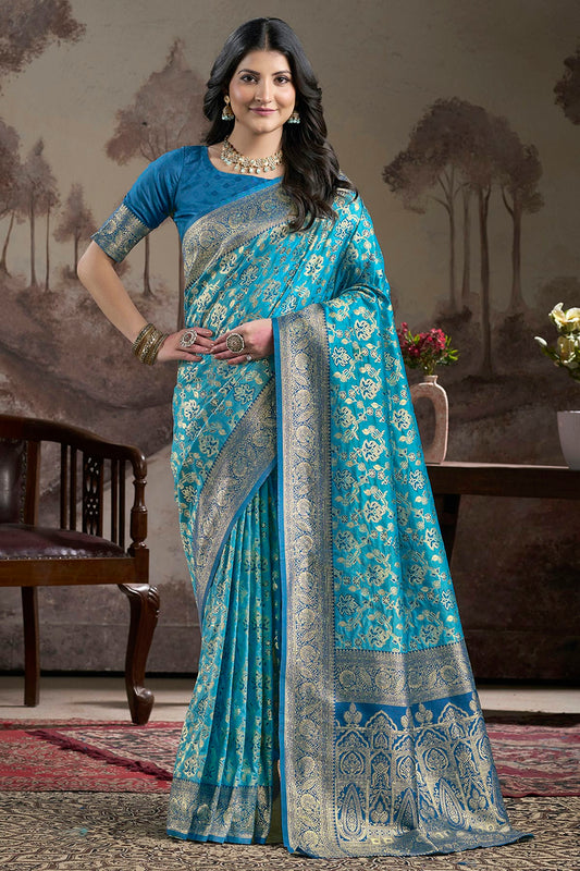 Sky Blue Colour Lichi Silk Traditional Saree