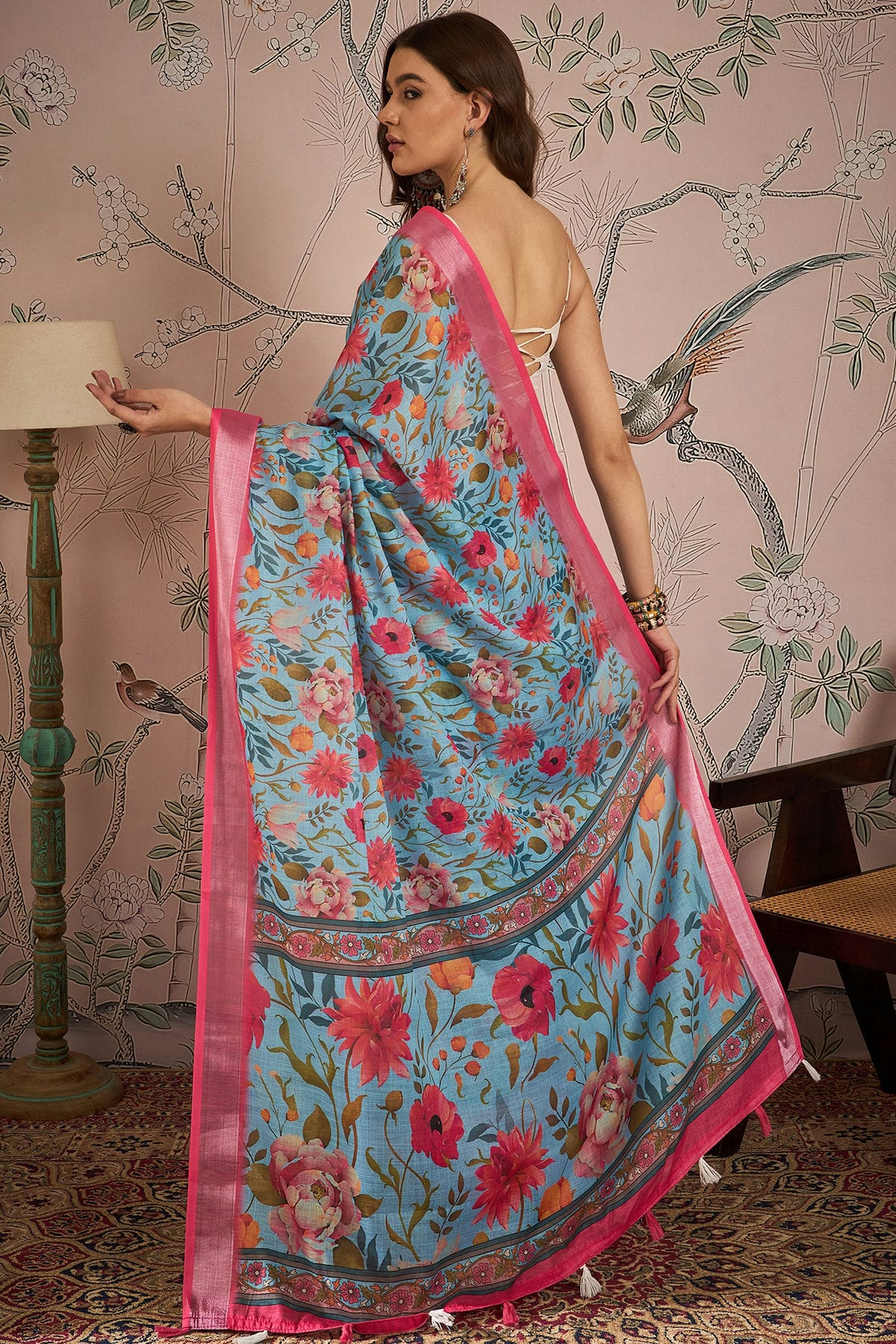 Sky Blue Colour Linen Blend Printed Saree