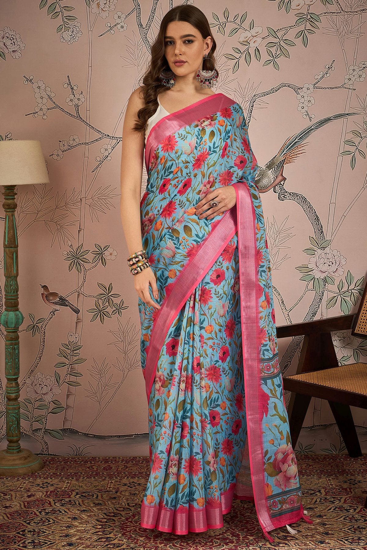 Sky Blue Colour Linen Blend Printed Saree