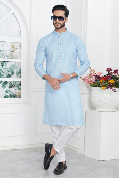 Sky Blue Colour Linen Cotton Thread Work Kurta Pajama VSKP1230147