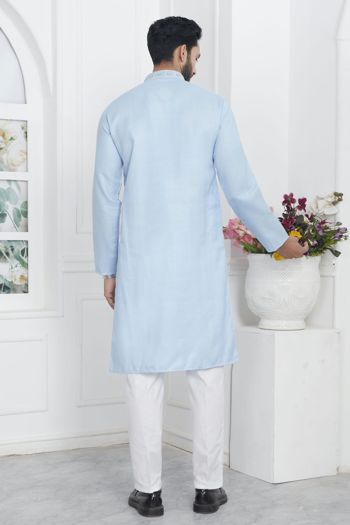 Sky Blue Colour Linen Cotton Thread Work Kurta Pajama VSKP1230147