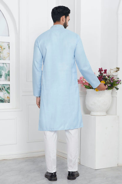 Sky Blue Colour Linen Cotton Thread Work Kurta Pajama VSKP1230147