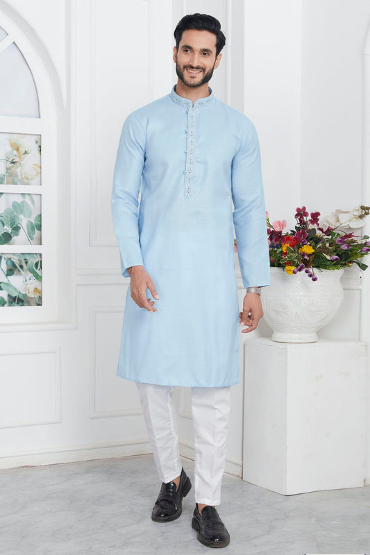 Sky Blue Colour Linen Cotton Thread Work Kurta Pajama