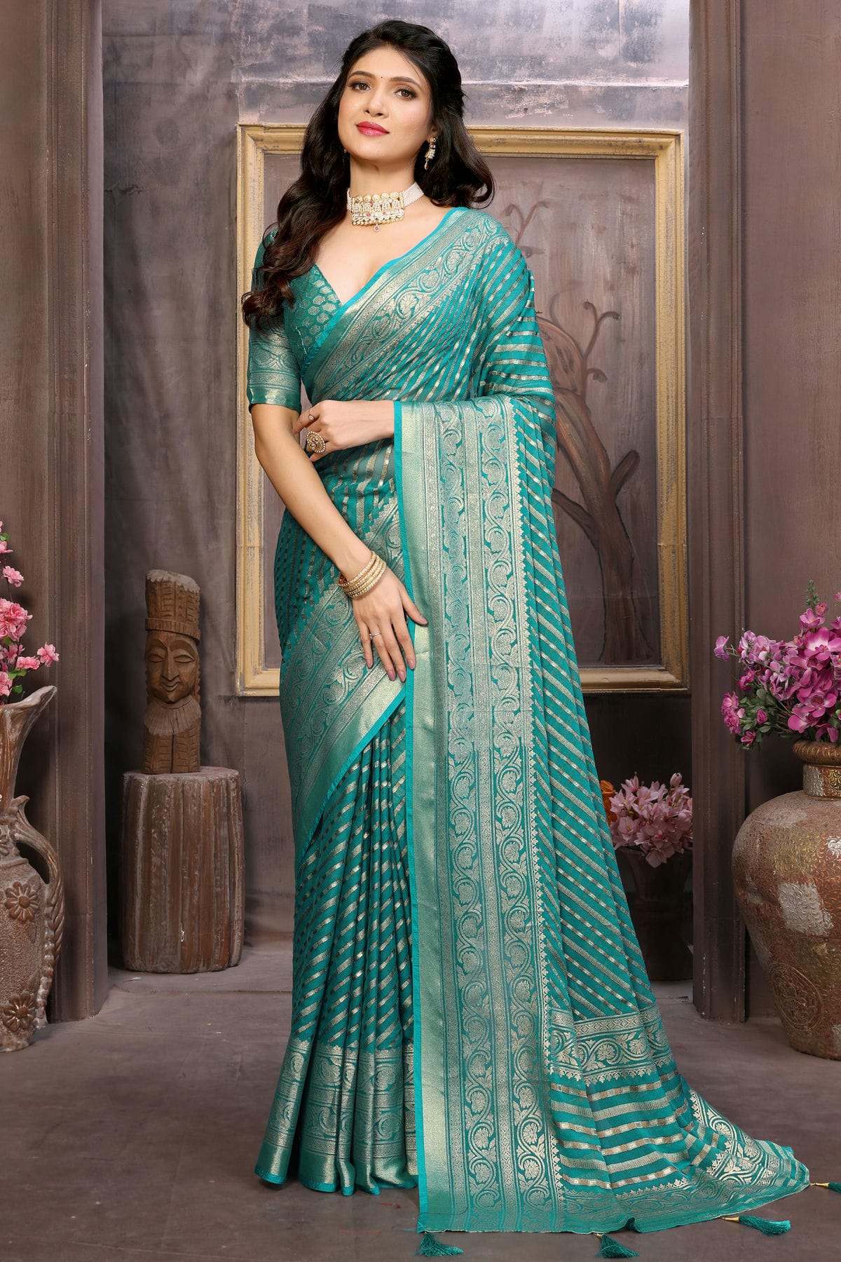 Sky Blue Colour Moss Brasso Traditional Saree