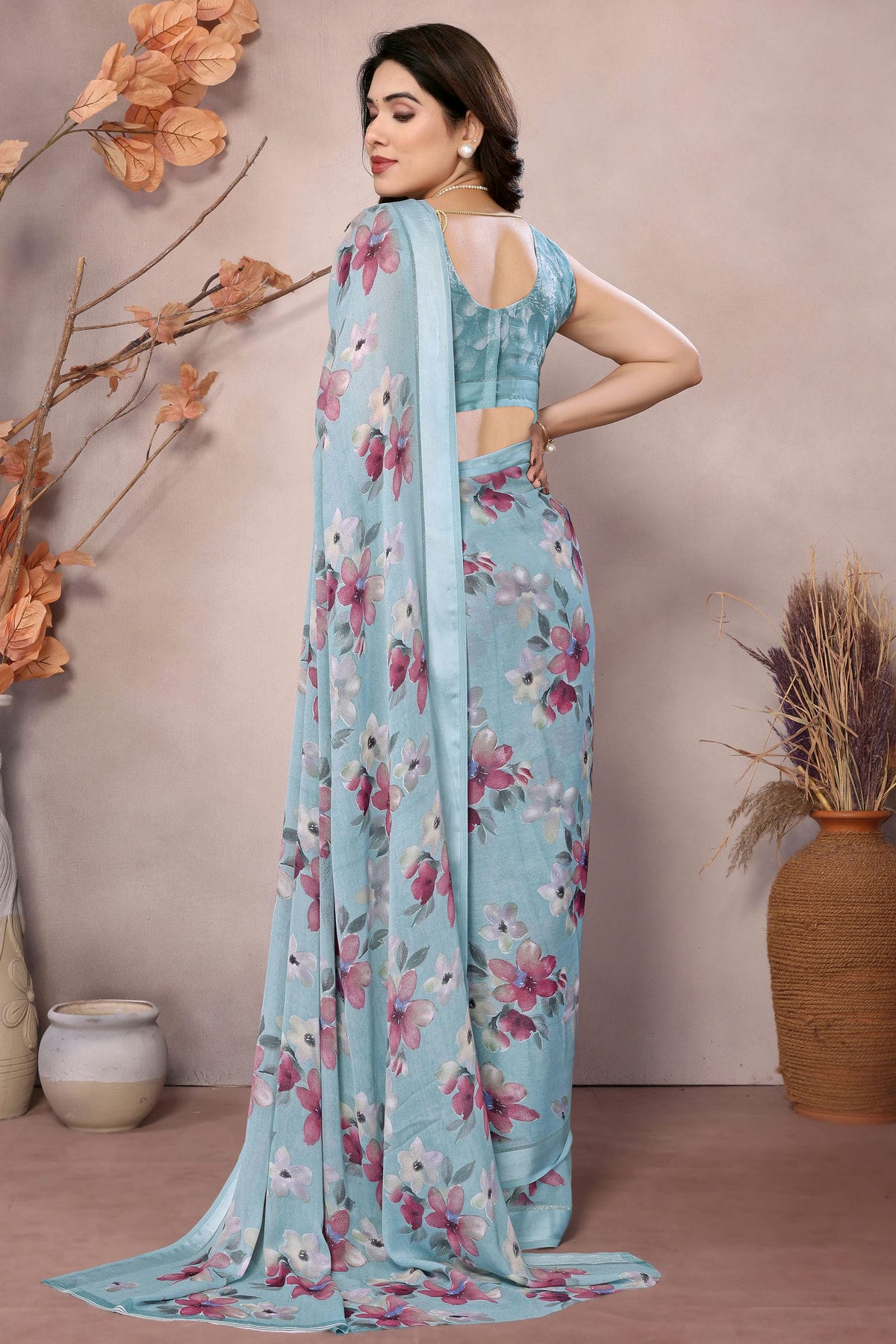 Sky Blue Colour Moss Satin Saree