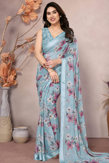 Sky Blue Colour Moss Satin Saree