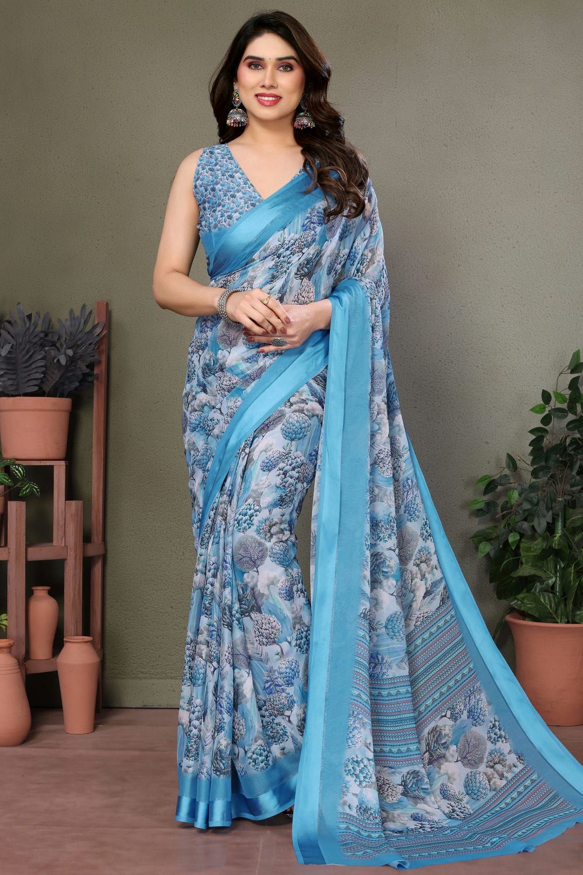 Sky Blue Colour Moss Satin Saree