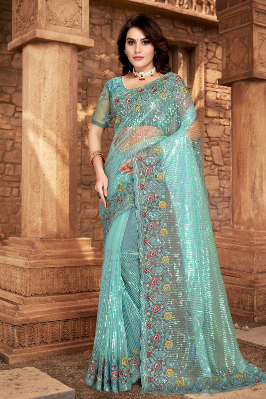 Sky Blue Colour Net Designer Saree