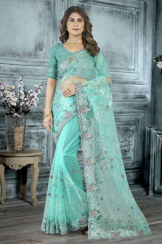 Sky Blue Colour Net Designer Saree