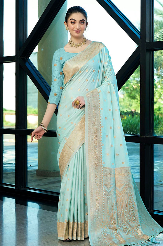 Sky Blue Colour Nylon Banarasi Traditional Saree