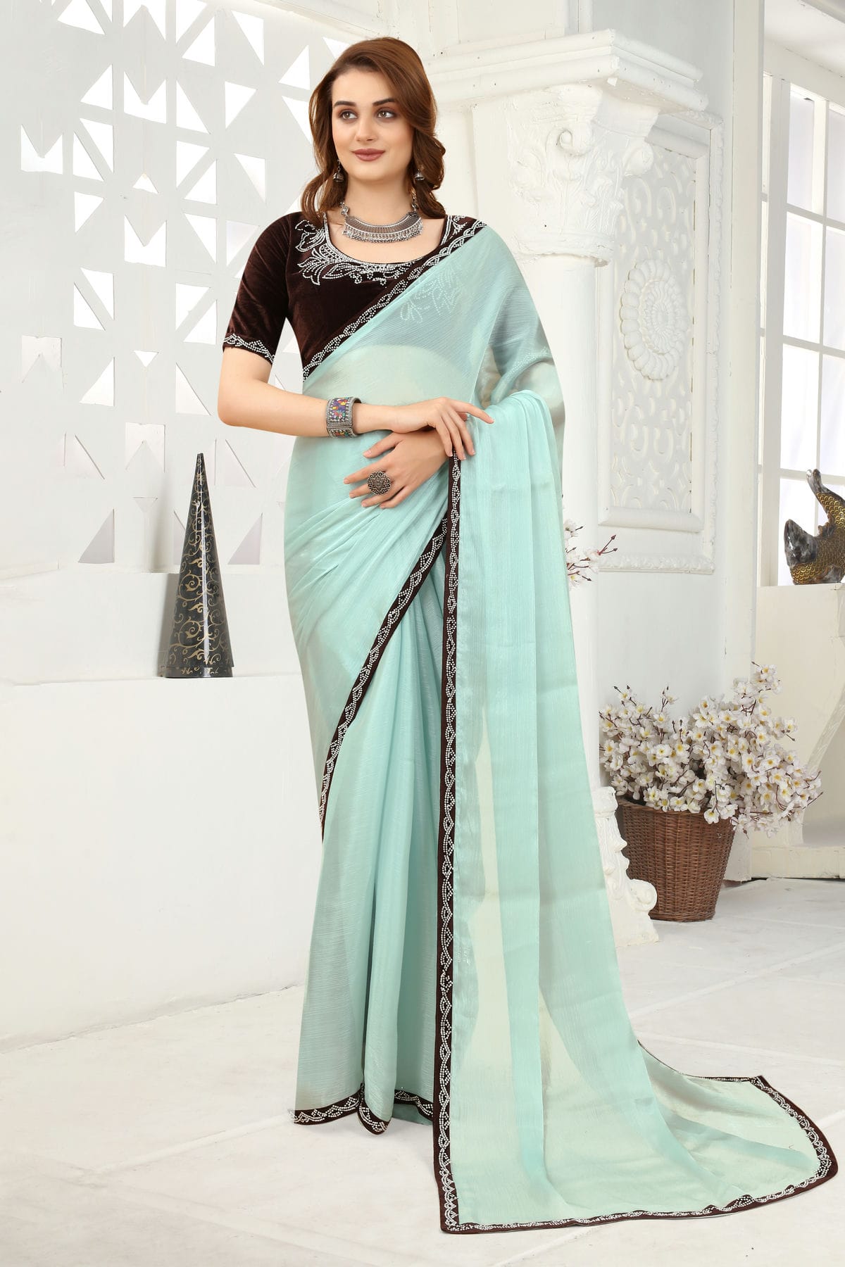 Sky Blue Colour Organza Designer Saree