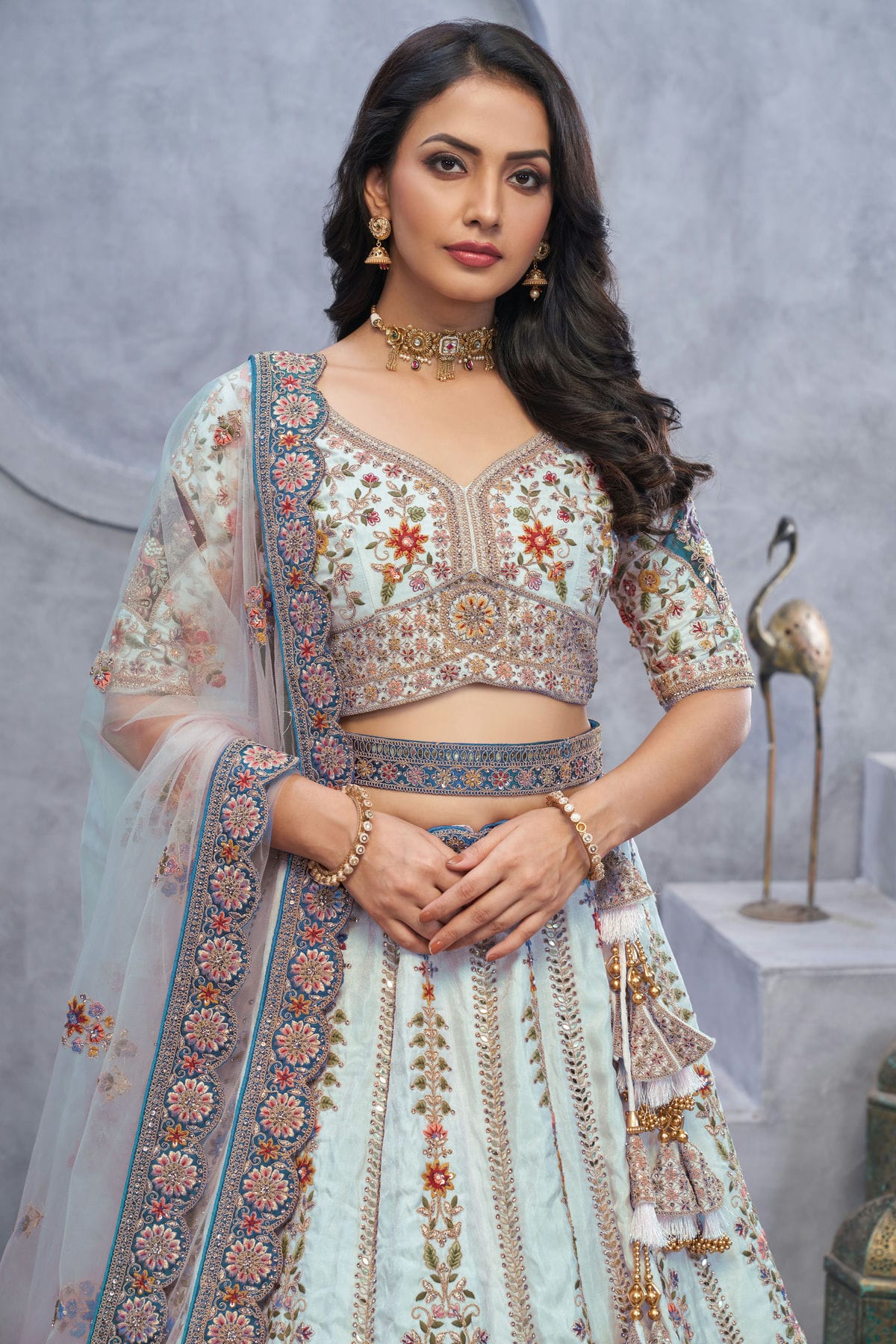 Sky Blue Colour Organza Embroidery Lehenga Choli VSLC1111374