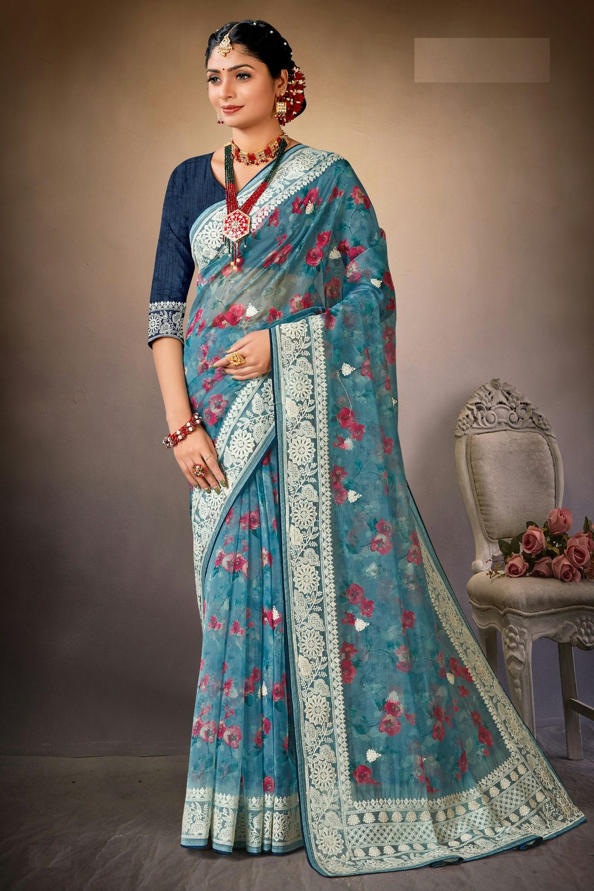 Sky Blue Colour Organza Printed Saree