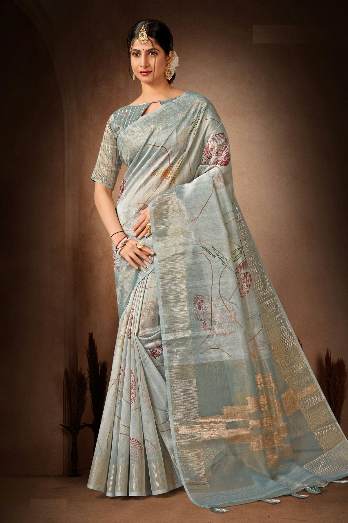 Sky Blue Colour Organza Printed Saree