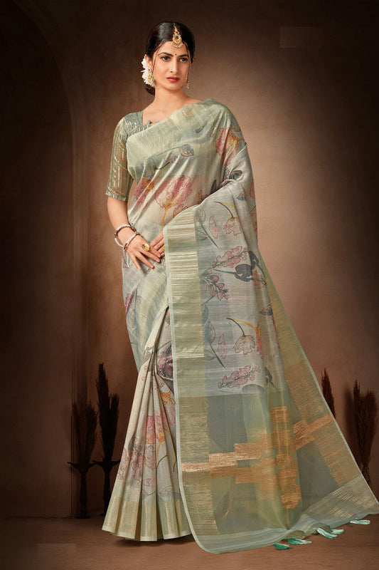 Sky Blue Colour Organza Printed Saree