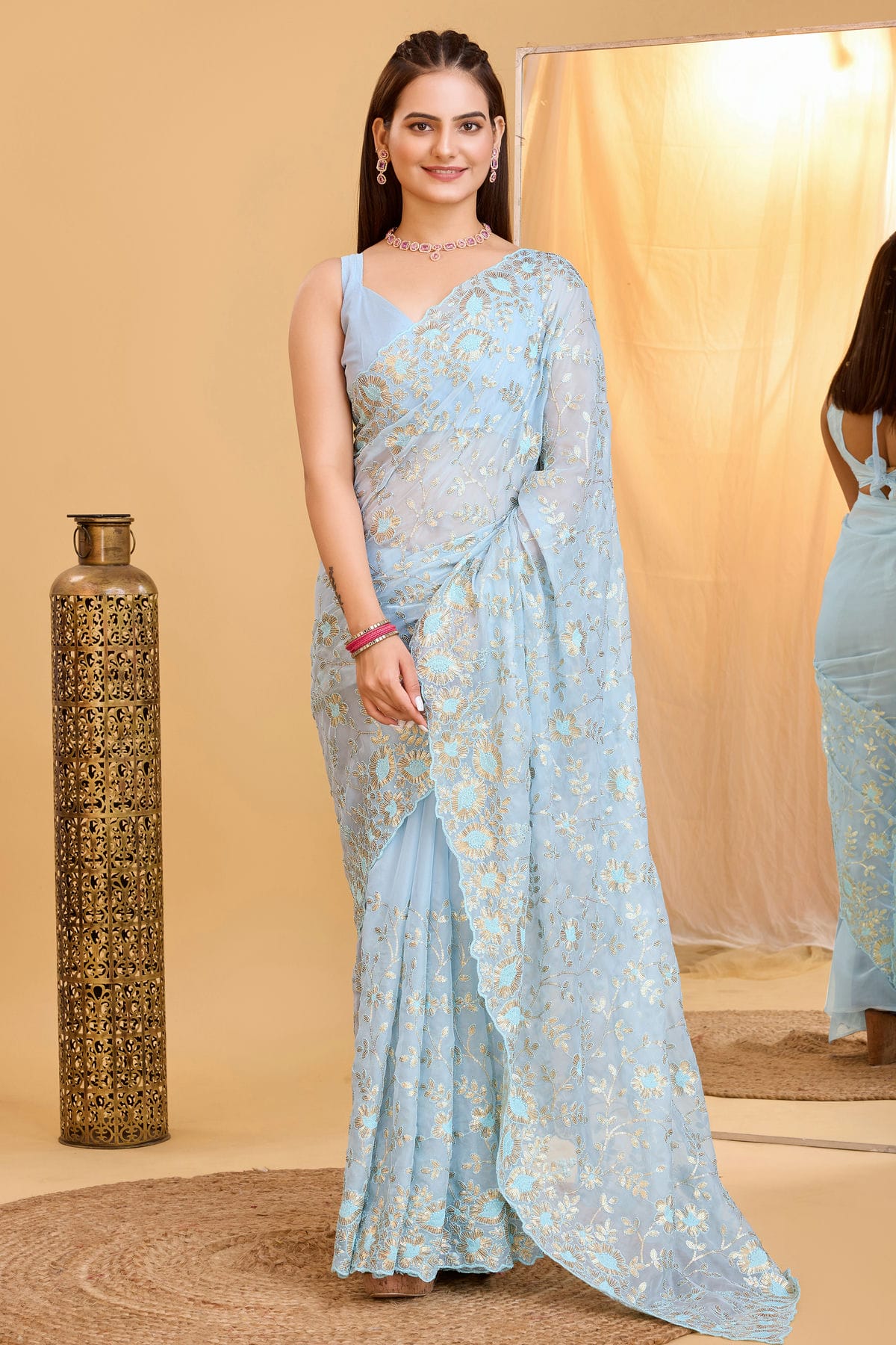 Sky Blue Colour Organza Saree