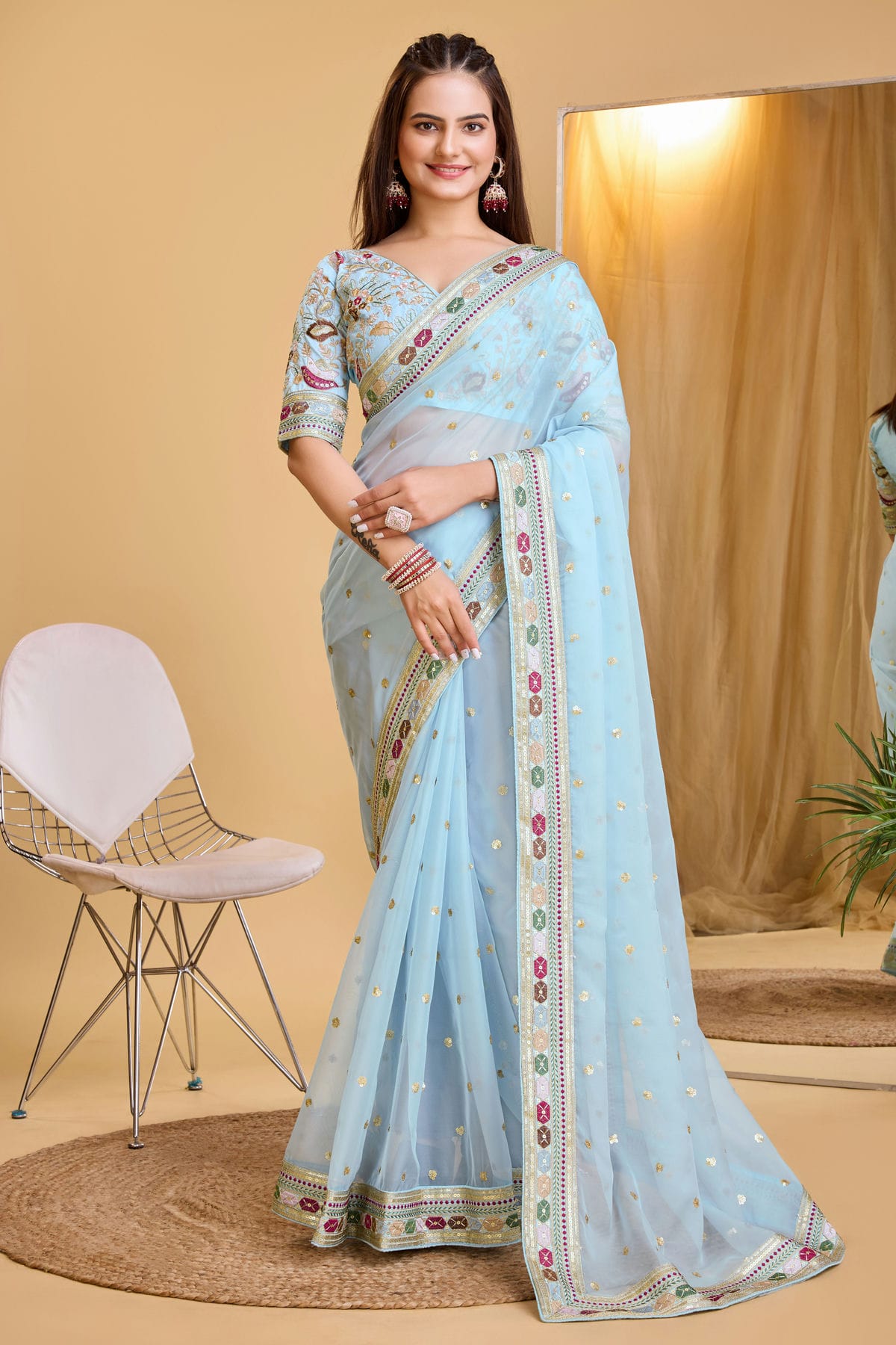 Sky Blue Colour Organza Saree